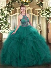 Teal Halter Top Neckline Beading and Ruffles 15th Birthday Dress Sleeveless Lace Up