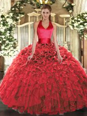 Red Ball Gowns Halter Top Sleeveless Organza Floor Length Lace Up Ruffles Sweet 16 Dresses