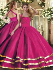 Adorable Hot Pink Lace Up Halter Top Ruffled Layers 15 Quinceanera Dress Tulle Sleeveless