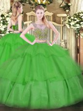 Floor Length Two Pieces Sleeveless Green 15th Birthday Dress Lace Up