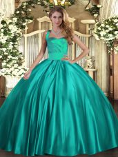 On Sale Floor Length Turquoise Quinceanera Dresses Satin Sleeveless Ruching