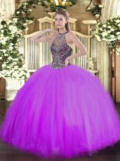 Excellent Lilac Halter Top Neckline Beading Ball Gown Prom Dress Sleeveless Lace Up