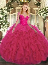 Exceptional Hot Pink Long Sleeves Floor Length Lace and Ruffles Lace Up Quinceanera Gown