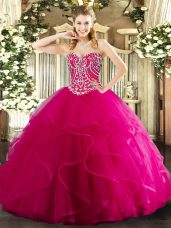 Trendy Hot Pink Ball Gowns Sweetheart Sleeveless Tulle Floor Length Lace Up Beading and Ruffles Sweet 16 Quinceanera Dress