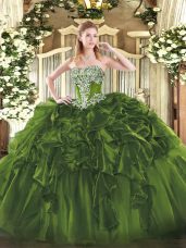 Luxurious Olive Green Sleeveless Organza Lace Up 15 Quinceanera Dress for Military Ball and Sweet 16 and Quinceanera