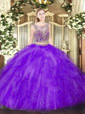 Lavender Tulle Lace Up Sweet 16 Quinceanera Dress Sleeveless Floor Length Beading and Ruffles