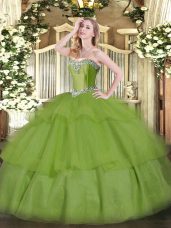 Admirable Olive Green Ball Gowns Beading and Ruffled Layers Ball Gown Prom Dress Lace Up Tulle Sleeveless Floor Length