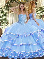 Aqua Blue Sweetheart Lace Up Beading and Ruffled Layers Quinceanera Gown Sleeveless
