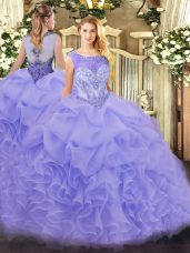High Quality Sleeveless Beading and Ruffles Zipper Quince Ball Gowns with Lavender