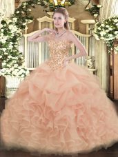 Peach Ball Gowns Organza Sweetheart Sleeveless Appliques and Ruffles and Pick Ups Floor Length Lace Up Sweet 16 Quinceanera Dress