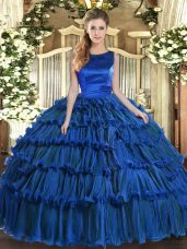 Fancy Organza Scoop Sleeveless Lace Up Ruffled Layers Sweet 16 Quinceanera Dress in Royal Blue