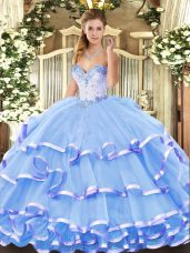 Organza Sweetheart Sleeveless Lace Up Beading and Ruffled Layers Sweet 16 Dresses in Blue