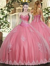 Romantic Watermelon Red Ball Gowns Beading and Appliques Quinceanera Dress Lace Up Tulle Sleeveless Floor Length