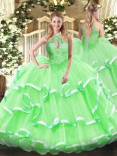 Ball Gowns Organza Halter Top Sleeveless Beading and Ruffles Floor Length Lace Up Vestidos de Quinceanera