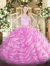 Free and Easy Rose Pink Sleeveless Brush Train Lace and Ruffled Layers Vestidos de Quinceanera
