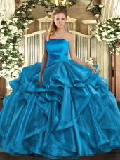 Luxurious Floor Length Baby Blue 15th Birthday Dress Organza Sleeveless Ruffles