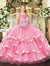 New Arrival Scoop Sleeveless 15th Birthday Dress Floor Length Beading and Ruffled Layers Rose Pink Organza