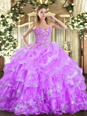 Traditional Lilac Ball Gowns Embroidery and Ruffled Layers Sweet 16 Dress Lace Up Organza Sleeveless Floor Length