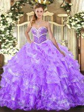 Attractive Lavender Ball Gowns Ruffled Layers Sweet 16 Dresses Lace Up Organza Sleeveless Floor Length