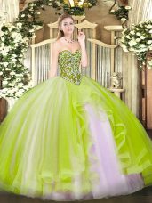 High End Floor Length Yellow Green Quinceanera Dress Tulle Sleeveless Beading and Ruffles