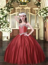 Wine Red Satin Lace Up Little Girls Pageant Gowns Sleeveless Floor Length Beading