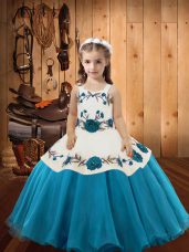Sleeveless Floor Length Embroidery Lace Up Little Girls Pageant Dress with Teal