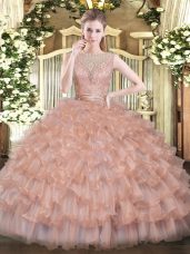 Champagne Sleeveless Tulle Backless Quinceanera Dresses for Military Ball and Sweet 16 and Quinceanera