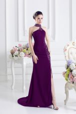 High Quality Beading Prom Dresses Dark Purple Zipper Sleeveless Sweep Train