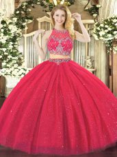 Floor Length Two Pieces Sleeveless Coral Red Quinceanera Dresses Zipper