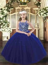 Stunning Royal Blue Tulle Lace Up Pageant Dress for Teens Sleeveless Floor Length Beading