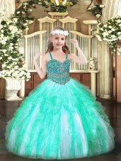 Perfect Apple Green Organza Lace Up Straps Sleeveless Floor Length Pageant Dress for Teens Beading and Ruffles