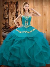 Teal and Turquoise Sweetheart Neckline Embroidery and Ruffles Quinceanera Gowns Sleeveless Lace Up