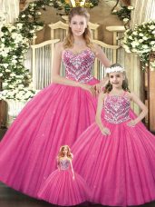 Fine Beading Quinceanera Gown Hot Pink Lace Up Sleeveless Floor Length