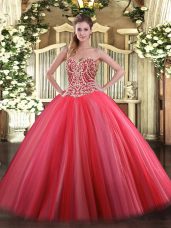 Cute Coral Red Lace Up Ball Gown Prom Dress Beading Sleeveless Floor Length