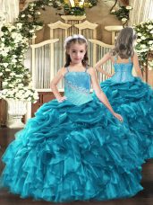 Sleeveless Floor Length Embroidery and Ruffles Lace Up Little Girl Pageant Dress with Teal