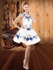 White Sleeveless Mini Length Embroidery Lace Up Homecoming Dress