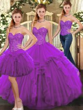 Smart Purple Lace Up Sweetheart Ruffles Quince Ball Gowns Organza Sleeveless