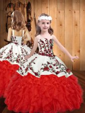 Super Red Ball Gowns Organza Straps Sleeveless Embroidery and Ruffles Floor Length Lace Up Juniors Party Dress