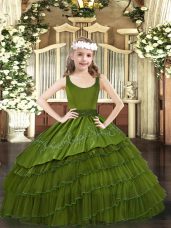 Olive Green Scoop Neckline Beading and Embroidery and Ruffled Layers Child Pageant Dress Sleeveless Zipper