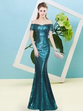 Luxurious Off The Shoulder Short Sleeves Prom Gown Floor Length Sequins Teal Sequined