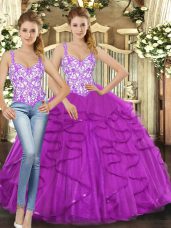 Excellent Fuchsia Lace Up Sweet 16 Quinceanera Dress Beading and Ruffles Sleeveless Floor Length