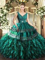 Ball Gowns Sweet 16 Dress Turquoise V-neck Organza Sleeveless Floor Length Backless