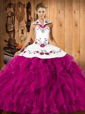 Beautiful Fuchsia Sweet 16 Dresses Military Ball and Sweet 16 and Quinceanera with Embroidery and Ruffles Halter Top Sleeveless Lace Up