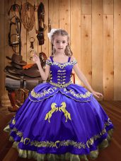 Floor Length Purple Little Girls Pageant Dress Wholesale Off The Shoulder Sleeveless Lace Up