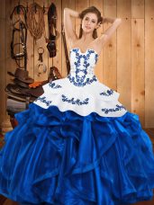 Floor Length Blue Quince Ball Gowns Satin and Organza Sleeveless Embroidery and Ruffles