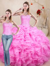 Enchanting Rose Pink Organza Lace Up Sweet 16 Quinceanera Dress Sleeveless Floor Length Beading and Ruffles