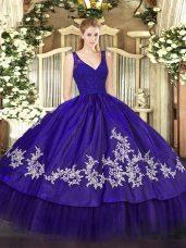 Trendy Ball Gowns Quinceanera Dresses Purple V-neck Taffeta Sleeveless Floor Length Backless