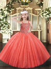 Beauteous Coral Red Ball Gowns Beading Girls Pageant Dresses Lace Up Tulle Sleeveless Floor Length