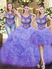 Lavender Scoop Neckline Beading and Ruffles Sweet 16 Dress Sleeveless Lace Up