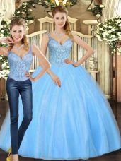 Baby Blue Two Pieces Tulle Straps Sleeveless Beading Floor Length Lace Up Sweet 16 Dresses